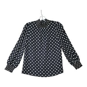 J.Crew Black White Polka Dot Ruched Neckline Long Sleeve Blouse Top Size XXS